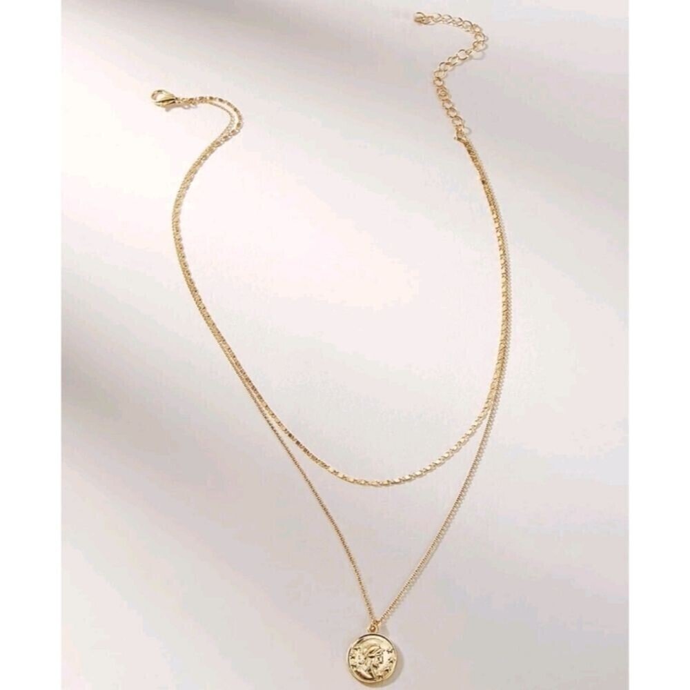 Gold tone necklace metal chain coin pendant multi layered boho 💖